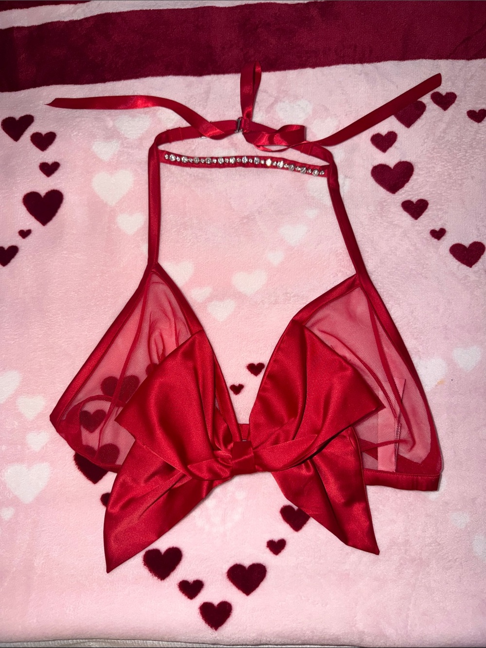 Victoria’s Secret Red Bling Sheer Bow Front Halter Bralette